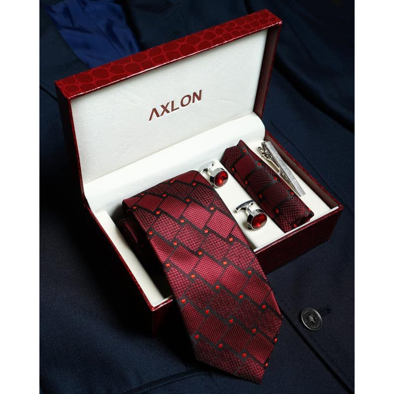 Axlon Maroon Checkered Tie For Men  Formal Ties Set With Pocket Square, Cufflink & Tie Clip With Gift Box For Mens, Silk Fabric Neckties Gift Sets For MenS (Axrd_25)