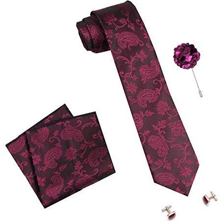 Nu-Lite Men's Designed Micro Polyester Necktie Set With Pocket Square, Brooch Pin And Cufflinks Gift Box (Dark Red Burgundy, Free Size)