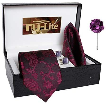 Nu-Lite Men's Designed Micro Polyester Necktie Set With Pocket Square, Brooch Pin And Cufflinks Gift Box (Dark Red Burgundy, Free Size)