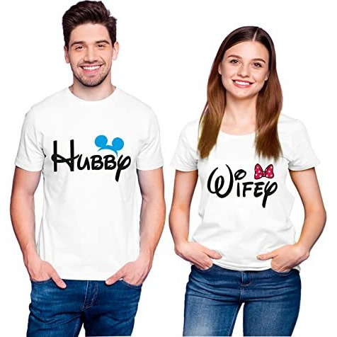 Hangout Hub Hangout-Hub556P Couples Tshirt For Couple | Hubby Wifey (WhiteMen L, Women L) Printed T-Shirts | Round Collar Tees | Cotton Tshirts | Regular Fit (Set Of 2, Half Sleeves)