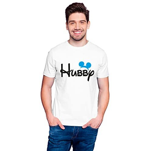Hangout Hub Hangout-Hub556P Couples Tshirt For Couple | Hubby Wifey (WhiteMen L, Women L) Printed T-Shirts | Round Collar Tees | Cotton Tshirts | Regular Fit (Set Of 2, Half Sleeves)