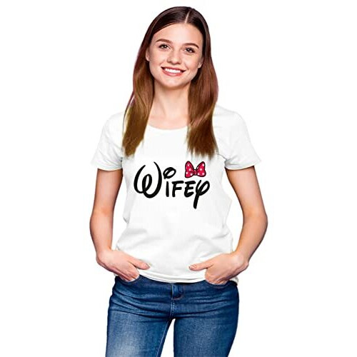 Hangout Hub Hangout-Hub556P Couples Tshirt For Couple | Hubby Wifey (WhiteMen L, Women L) Printed T-Shirts | Round Collar Tees | Cotton Tshirts | Regular Fit (Set Of 2, Half Sleeves)