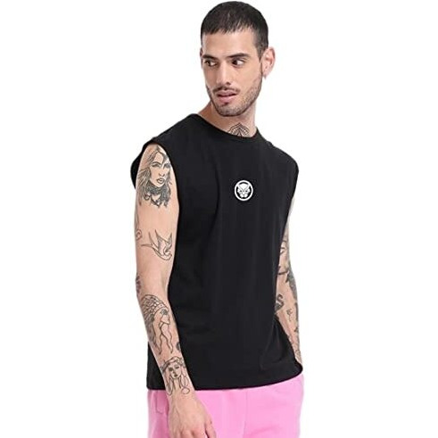 Bewakoof Men's The King Graphic Print Cotton Vest- Oversized Fit, Round Neck, Sleeveless 567767_Black_L
