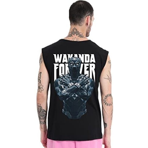Bewakoof Men's The King Graphic Print Cotton Vest- Oversized Fit, Round Neck, Sleeveless 567767_Black_L