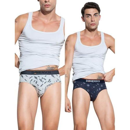 Damensch Men's Regular Fit Printed Cotton Briefs Underwear| Combed Cotton, Stretchy Fabric, Anti-Bacterial And Microfibre Waistband Innerwear For Men, Briefs For Men-Blue Buzz,Stroke Gray-M
