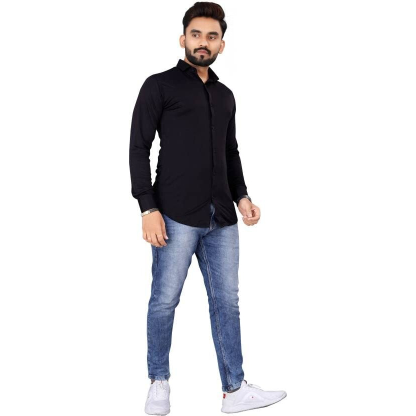 Flosive Men's Cotton Lycra Blend Checkered Men Shirt (L, Black)