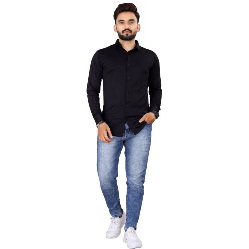 Flosive Men's Cotton Lycra Blend Checkered Men Shirt (L, Black)