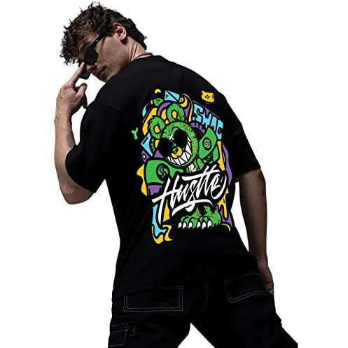 Veirdo Pure Cotton Oversize Loose Fit Drop Shoulder Round Neck Half Sleeve Graphic Hustle Black Printed T-Shirt For Men (Os_100_Hustle_Bl)