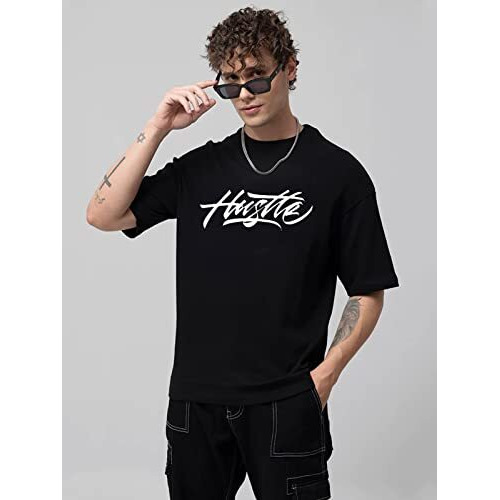 Veirdo Pure Cotton Oversize Loose Fit Drop Shoulder Round Neck Half Sleeve Graphic Hustle Black Printed T-Shirt For Men (Os_100_Hustle_Bl)