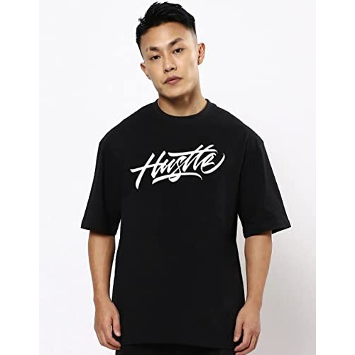 Veirdo Pure Cotton Oversize Loose Fit Drop Shoulder Round Neck Half Sleeve Graphic Hustle Black Printed T-Shirt For Men (Os_100_Hustle_Bl)