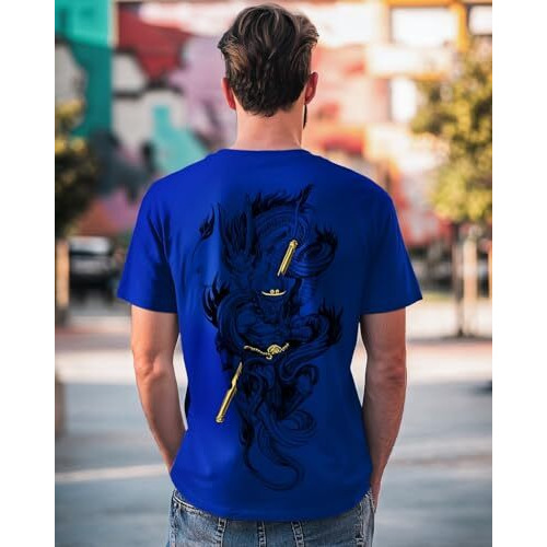 Bewakoof Men's Monkey King Graphic Printed Cotton T-Shirt Regular Fit, Round Neck, Half Sleeves_589865_Blue_M
