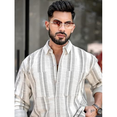 Maniac Mens Stripes Full Sleeve Half White Brown Shirt