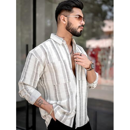 Maniac Mens Stripes Full Sleeve Half White Brown Shirt