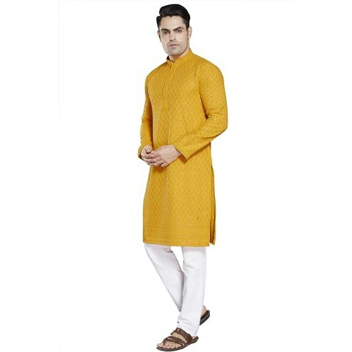 Divisive Men's Sequince Embroidered Cotton Blend Slim Fit Kurta Pyjama Set (Dkrt21_Xl_Gold)