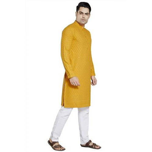 Divisive Men's Sequince Embroidered Cotton Blend Slim Fit Kurta Pyjama Set (Dkrt21_Xl_Gold)