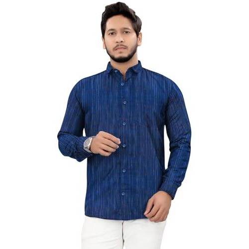 Men's Khadi Cotton Casual Shirt, Full Sleeves, Front Pocket, Lightweight, White (In, Alpha, L, Blue)