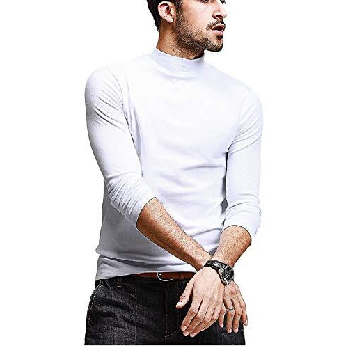 Denimholic Men's Cotton Full Sleeve High Neck Slim Fit T-Shirt (In, Alpha, Medium, White)