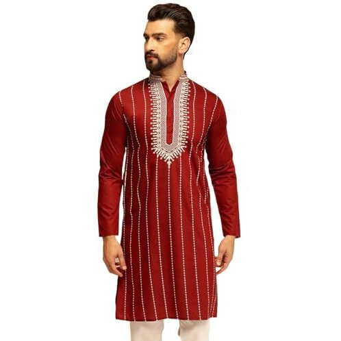 Sojanya (Since 1958 Men's Cotton Silk Maroon Long Kurta With Elegant Neck Embroidery