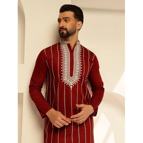 Sojanya (Since 1958 Men's Cotton Silk Maroon Long Kurta With Elegant Neck Embroidery