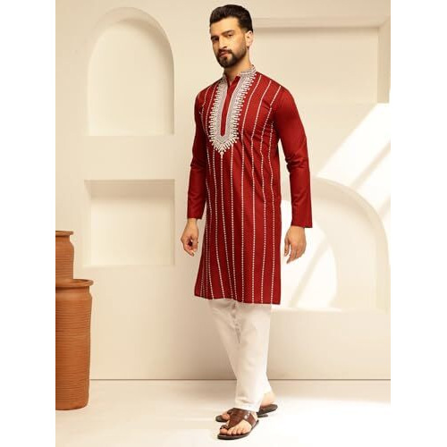Sojanya (Since 1958 Men's Cotton Silk Maroon Long Kurta With Elegant Neck Embroidery