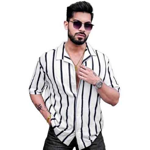 Maniac Mens Striped Collared Neck Half Sleeve White Popcorn Knitted Shirt