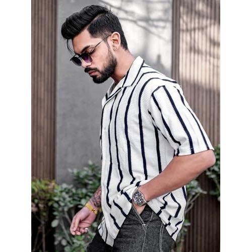 Maniac Mens Striped Collared Neck Half Sleeve White Popcorn Knitted Shirt