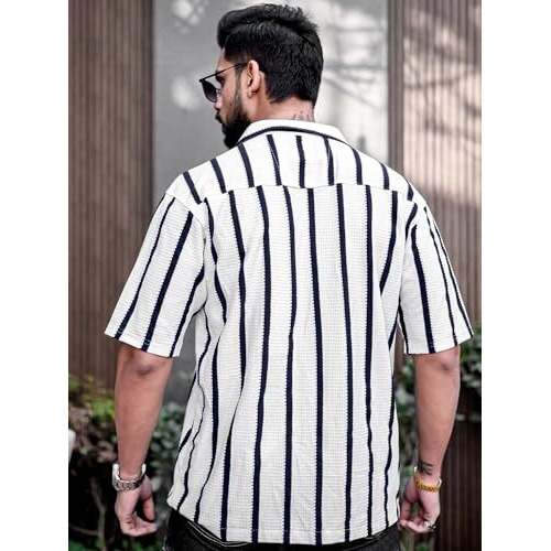 Maniac Mens Striped Collared Neck Half Sleeve White Popcorn Knitted Shirt