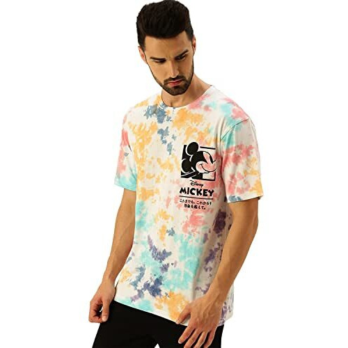 Veirdo Multicolour Pure Cotton Official Disney Merchandise Tie-Dye Oversized Baggy Fit With Mickey Mouse Print Round Neck T-Shirt For Men & Boys
