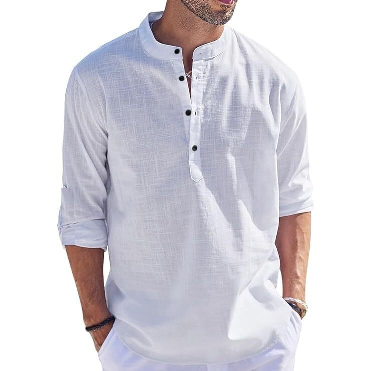 Luxrio Men Solid Cotton Linen Blend Straight Solid Kurta Shirt White Size M
