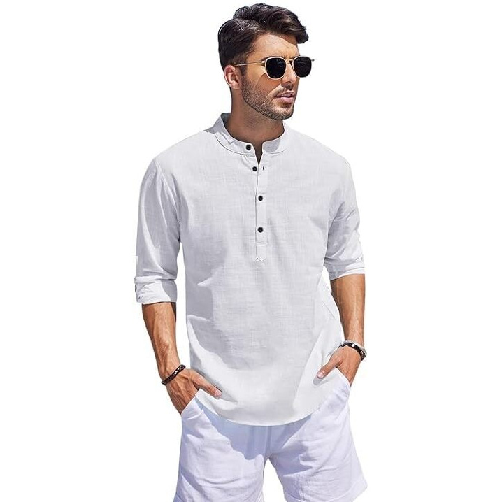 Luxrio Men Solid Cotton Linen Blend Straight Solid Kurta Shirt White Size M