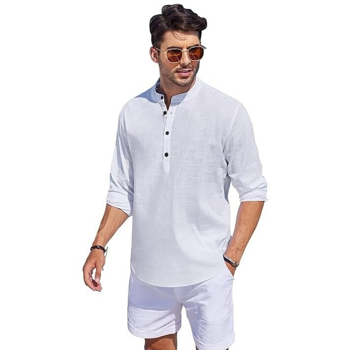 Luxrio Men Solid Cotton Linen Blend Straight Solid Kurta Shirt White Size M