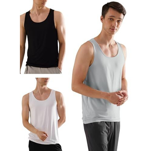 Damensch Men's Neo-Skin Anti-Microbial Slub Vest- Anti-Odor-Bamboo Rayon Fabric- Round Neck- Pack Of 3- Bright White, Natural Black, Crisp Grey- Medium