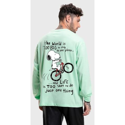 Bewakoof Men's Move On Graphic Printed T-Shirt, Oversized Fit, Round Neck, Full Sleeve_587155_Green_L