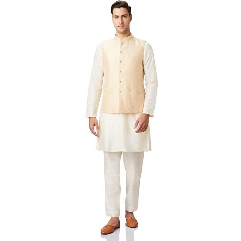 Symbol Premium Rayon Blend Men's Festive Nehru Jacket Geometric Kurta Pant Set (3Pcs) (Sp-M-A24-Et-501_Off White/L.Yellow_Medium)