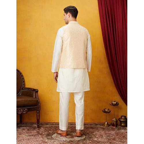 Symbol Premium Rayon Blend Men's Festive Nehru Jacket Geometric Kurta Pant Set (3Pcs) (Sp-M-A24-Et-501_Off White/L.Yellow_Medium)