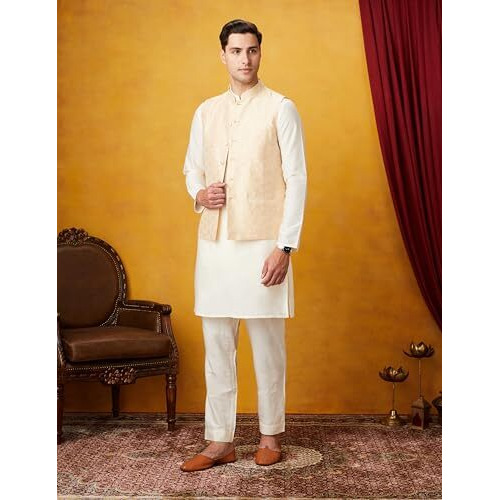Symbol Premium Rayon Blend Men's Festive Nehru Jacket Geometric Kurta Pant Set (3Pcs) (Sp-M-A24-Et-501_Off White/L.Yellow_Medium)