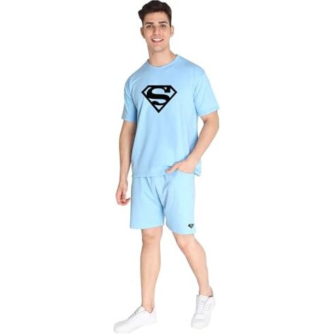 Vogaan Men's T-Shirt And Shorts Set | Pyjama Set For Men | Co-Ord Set | Cotton Printed Top & Shorts Night Suits Set (Sky_42)