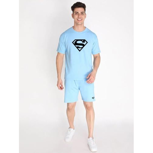 Vogaan Men's T-Shirt And Shorts Set | Pyjama Set For Men | Co-Ord Set | Cotton Printed Top & Shorts Night Suits Set (Sky_42)