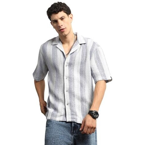 Hubberholme Men Summer Cotton Spread Collar Short Sleeves Oversized Casual Shirt 27 Blue