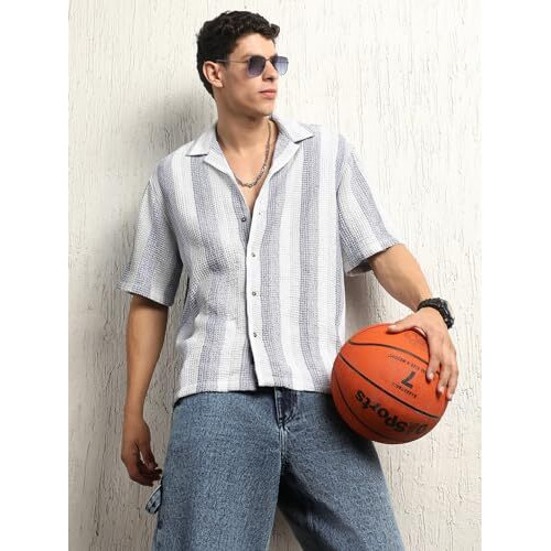 Hubberholme Men Summer Cotton Spread Collar Short Sleeves Oversized Casual Shirt 27 Blue