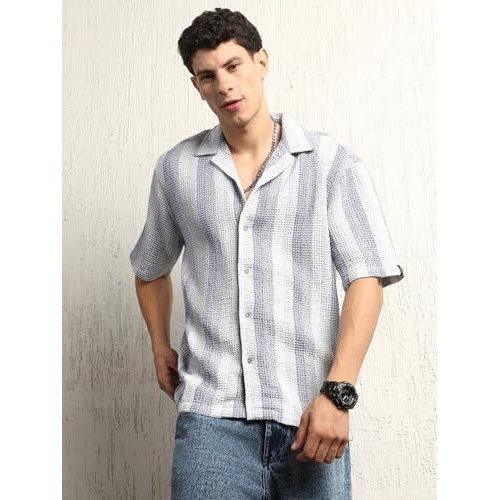 Hubberholme Men Summer Cotton Spread Collar Short Sleeves Oversized Casual Shirt 27 Blue