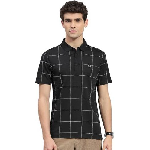 Monte Carlo Mens Black Checkered Polo Neck Half Sleeve T-Shirt (224064563-2-44)