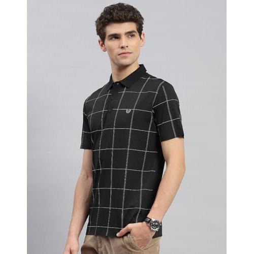 Monte Carlo Mens Black Checkered Polo Neck Half Sleeve T-Shirt (224064563-2-44)
