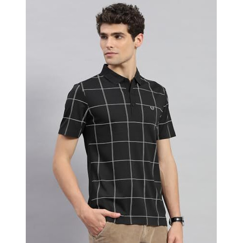 Monte Carlo Mens Black Checkered Polo Neck Half Sleeve T-Shirt (224064563-2-44)