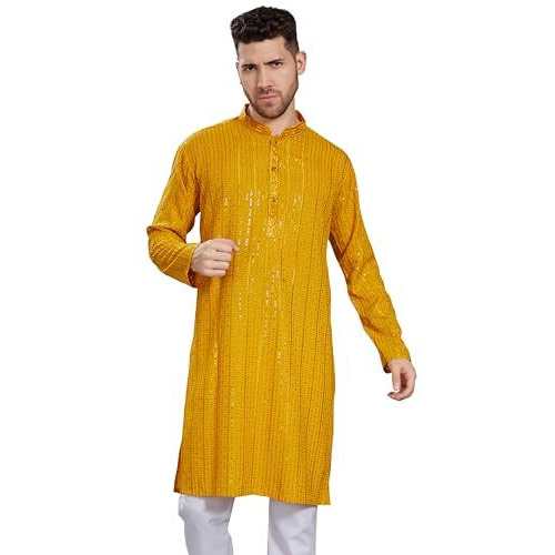 Divisive Men's Embroidered Cotton Blend Only Slim Fit Kurta (Dkrt383_M_Mustard)