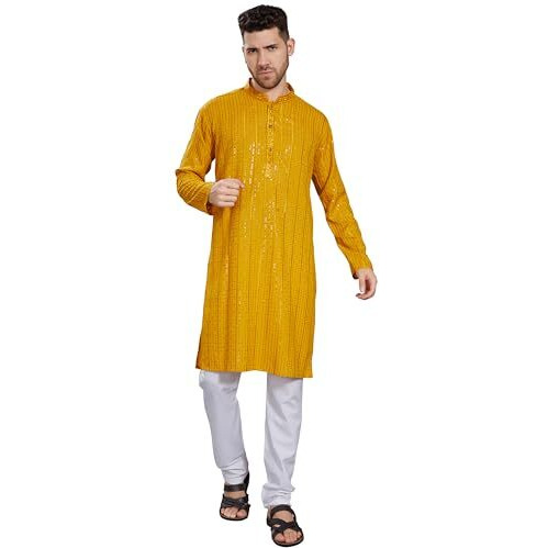 Divisive Men's Embroidered Cotton Blend Only Slim Fit Kurta (Dkrt383_M_Mustard)