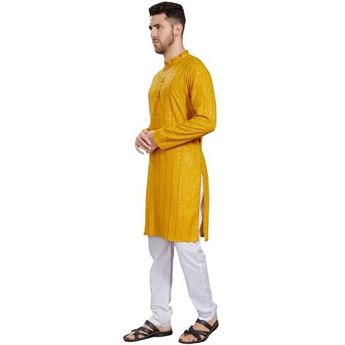 Divisive Men's Embroidered Cotton Blend Only Slim Fit Kurta (Dkrt383_M_Mustard)