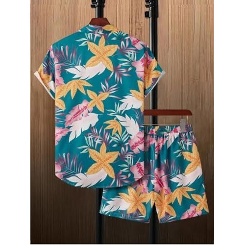 Leriya Fashion Unisex Night Dress || Rayon Palm Tree & Leaf Printed Night Suit Set || Summer Wear Short Pajama Set || Pajama Shorts Night Suits Set || Short Sleeve Night Wear (X-Large, Rama)