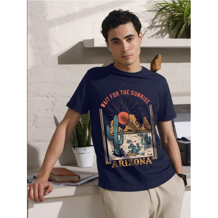 Veirdo Regular Fit Half Sleeves Round Neck Arizona Typographic Printed Pure Cotton T-Shirt For Men (Tsh_V_99_Arzna_Nvy_L)