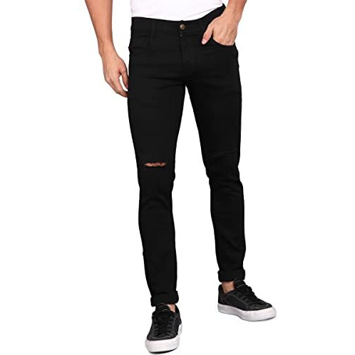 Urbano Fashion Men's Black Knee Slit Distressed Jeans Stretchable (Hpskneeslit-Black-28-Fba)